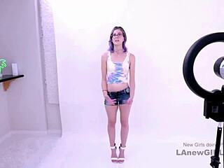 Shy purple-haired model swallows during POV fucking at casting with father-in-law.