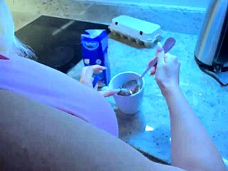 Look at sexy Alice sucking her boyfriend off in the kitchen. She swallowed a huge cumload!