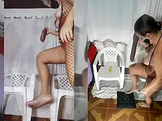 Slut In Bodysuit Undresses While Playing With Big Dildo And Red Panties In Full Video