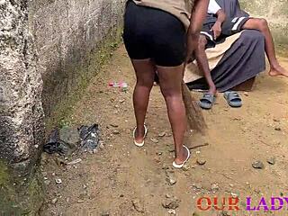 Naughty Uganda girlfriend gets oiled up for outdoor chair sex on first Naija trip.