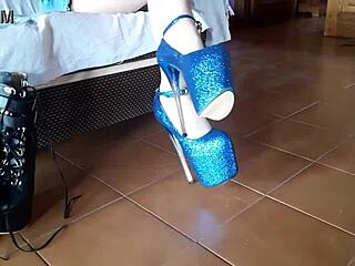 Ankle boots and blue very high heels in nylon stockings