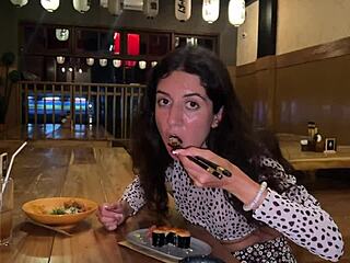 Can She Handle Cum On Face In Public Sushi Bar?
