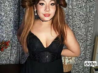 Asian corset babe's pussy teased with paintbrush