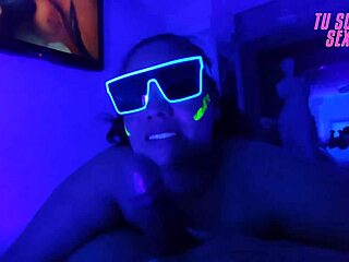 Submissive Stepdaughter Performs Deepthroat Blowjob in Neon Room