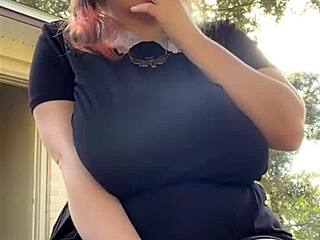 Alt MILF NEXTDOOR with big tits and piercings SMOKES outback in thong