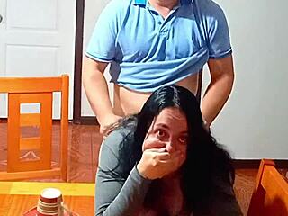 sex before breakfast on dining table with surprised stepmother caught off guard in rough play