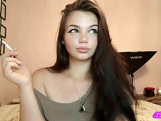 Xo Bunny, a Latina with blue eyes, smokes and teases in your face