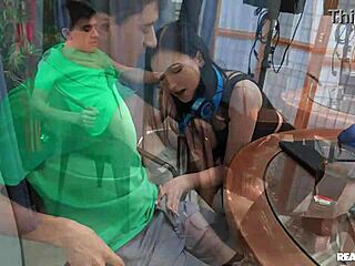 Athletic brunette with piercing fucks crew, getting cumshot in leggings