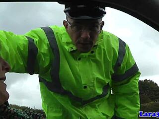 Mature woman caught masturbating in fishnets, then seduces patrol cop with cowgirl.