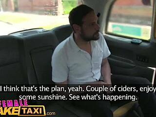 Sexy cabbie in red dress fucks passenger in backseat of car.