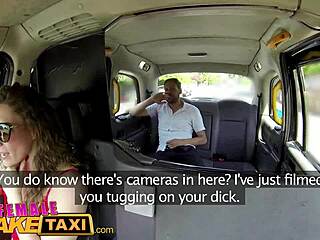 Sexy cabbie in red dress fucks passenger in backseat of car.