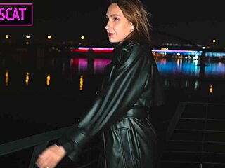 Hottie with tattoo on big fake tits wears leather coat for deepthroat blowjob and rough pov creampie in missionary