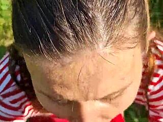 wet girl gets fucked in slobbery mouth on hot summer day