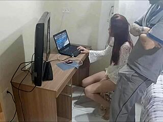 young girl alone gets horny maintenance guy with hidden camera