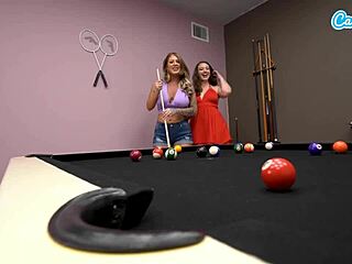 Thick mature stepmoms kiss and finger pussy on pool table