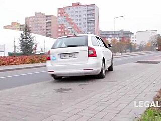 Sofi Smile takes three big white cocks for deep anal, double penetration, gaping, and facial on street.