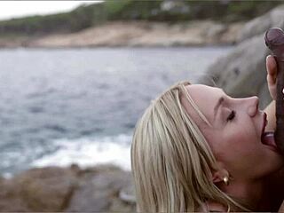 horny blonde latina rides lifeguard's big black cock behind rocks on beach!