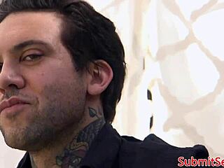 bondage sub tied to stairs to suck dom's cock