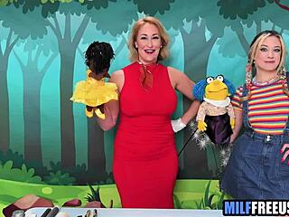Blonde milf and teen get wildly face fucked and used in ffm threesome on Sesame Street set!