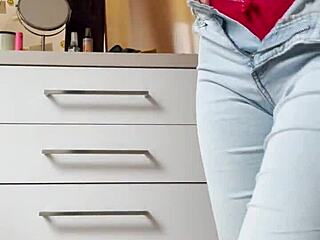 Petite 18+ Blonde Does Homemade Striptease in Tight Jeans