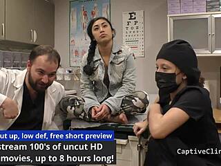 Remote interrogation center with petite Latina nurse Jasmine Rose using dildo and gloves on shaved pussy patient