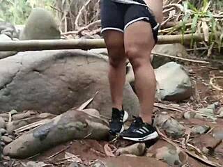 Amateur couple ends hardcore outdoor session with deepthroat blowjob and creampie anal fucking in river forest