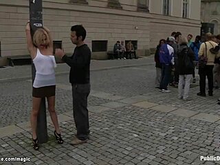 Blonde European slut bound and gangbanged hard in public outdoor BDSM session with flashing and pain.
