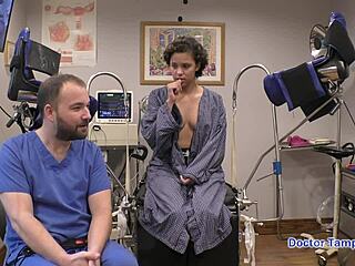 dr tampa examines rebel wyatt in backstage gyno with shaved pussy spreading