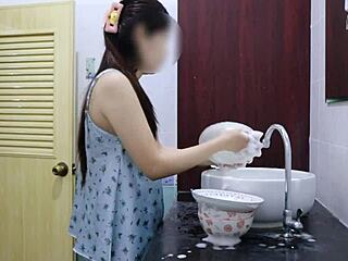 Asian babe in glasses gets anal fisting and cowgirl riding in homemade shower scene.