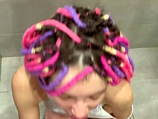 this couple enjoys a huge squirt after cumshot and eating sperm in the bedroom shower with big cock handjob and blowjob close up