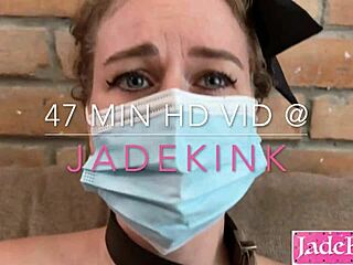 Masked sub slut gets bdsm leashed for rough mouth fucking in garage