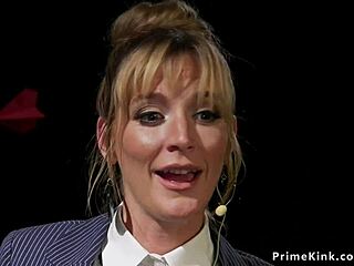 Blonde domme chokes and anal fucks bound black male slave with strapon