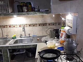 Hey, watch Estefani get naked while preparing those delicious pancakes in the kitchen.