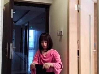 Asian ladyboy masturbates dick flashes to woman and cums