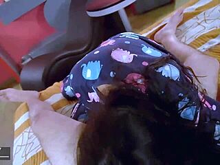 Brunette babe rides cock hard in bedroom at night making her moan with pleasure and cum on tits