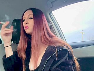 Italian milf Artemisia Love smokes solo outside in car fetish scene