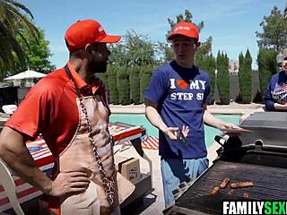 Brunette step daughter in taboo threesome with father in law on holiday