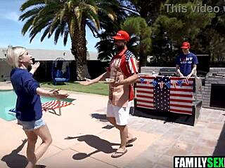 Brunette step daughter in taboo threesome with father in law on holiday