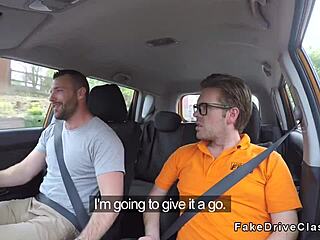 Fake driving instructor's friend bangs blonde in classroom with deepthroat blowjob