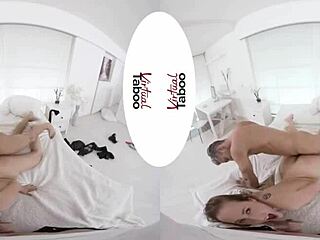 What hints at the brunette's shaved pussy in this virtual taboo home porn prank with pov handjob