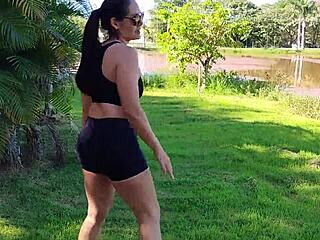 Police arrived just as the milf was sucking a young guy in public park! Brazilian fitness exhibitionist flashes in leggings and shorts outdoors.