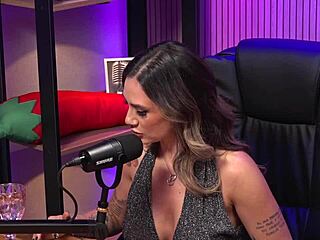 the redhead milf dominates as bdsm queen in latex corset. she teases with striptease and pussy licking at wild party!