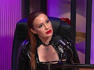 the redhead milf dominates as bdsm queen in latex corset. she teases with striptease and pussy licking at wild party!
