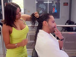 Slutty Latina stylist starts seducing her favorite client right in the chair. She fucks him wildly during the haircut