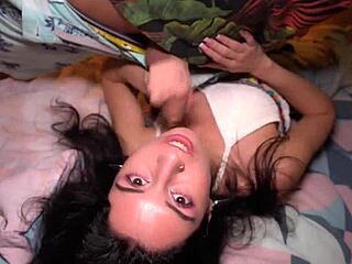 Rough sex at home party leads to deep creampie inside tight pussy in bedroom blowjob and doggystyle.