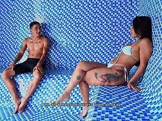 big ass colombian milf feels intense passion fucking young guy in public sauna with cum on face kylei ellish dani clark