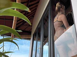 I felt thrilled recording a cute blonde babe in fishnets and lingerie. She looked pretty bending over beautifully.