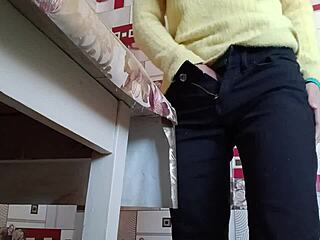 Stepsister Feels Overwhelmed By Intense Solo Masturbation On Desk In Tight Jeans Leading To Multiple Moaning Orgasms