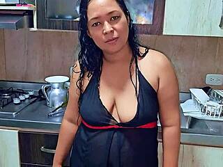 Horny Colombian Stepmom Suggests Squirting Orgasm in Kitchen with Natural Tits