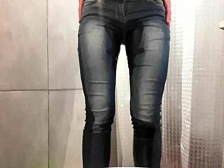 Desperate pee floods my jeans and pink high heels during intense moment